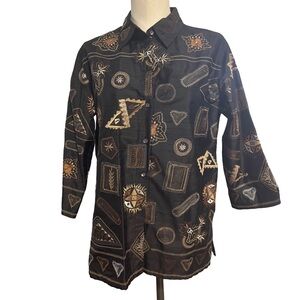 Vintage 80s Chico’s Tribal Indie Folk Embroidered Silk Top Size 1 Medium